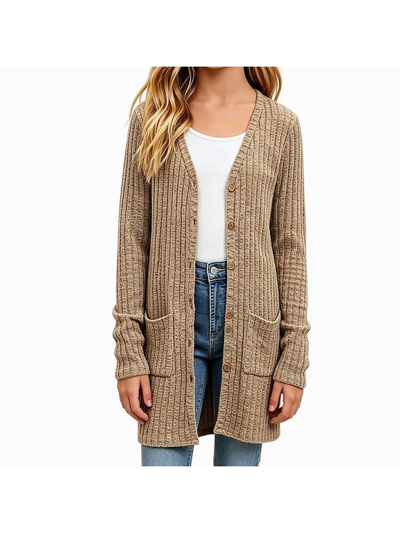 Girls Sweater Jacket Loose Fit Winter Warm Thin Long Sleeve Cardigan Khaki Size 9