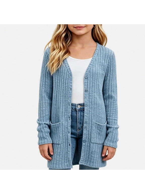 Girls Sweater Jacket Loose Fit Winter Warm Thin Long Sleeve Cardigan Light Blue Size 9