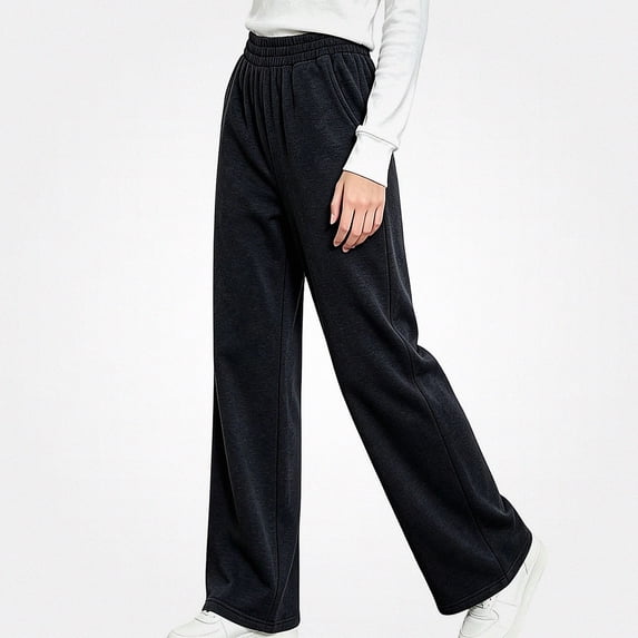 HAOTAGS Girls Sweatpants (3-13) Elastic Waist Wide Leg Casual Loose Trousers with Side Pockets Black Size 12