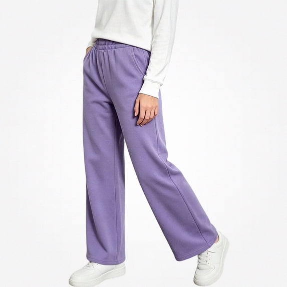 HAOTAGS Girls Sweatpants (3-13) Elastic Waist Wide Leg Casual Loose Trousers with Side Pockets Purple Size 12