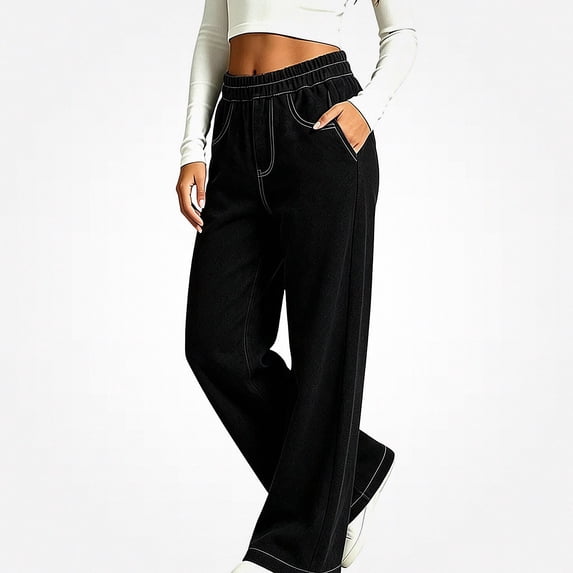 HAOTAGS Girls Sweatpants (3-13) Elastic Waist Wide Leg Casual Pants with Side Pockets Black Size 11