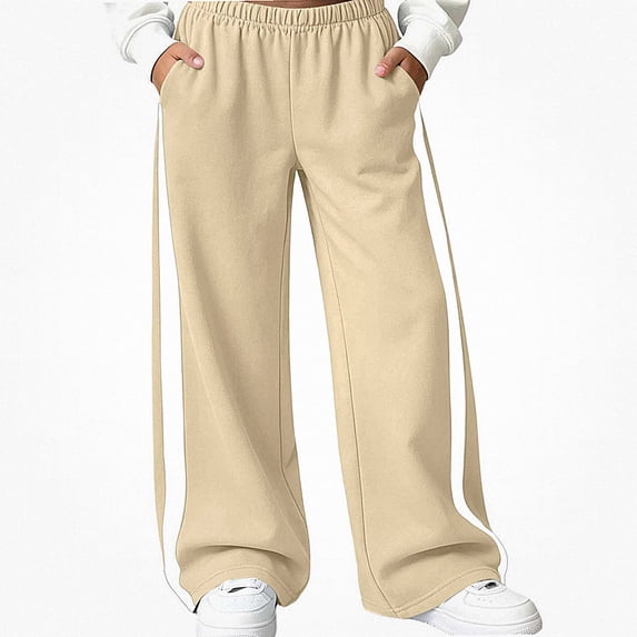 HAOTAGS Girls Sweatpants (5-15) Wide Leg Elastic Waist Pockets Side Stripe Track Pants Beige Size 14