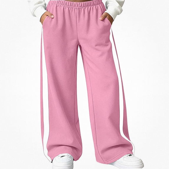 HAOTAGS Girls Sweatpants (5-15) Wide Leg Elastic Waist Pockets Side Stripe Track Pants Pink Size 7