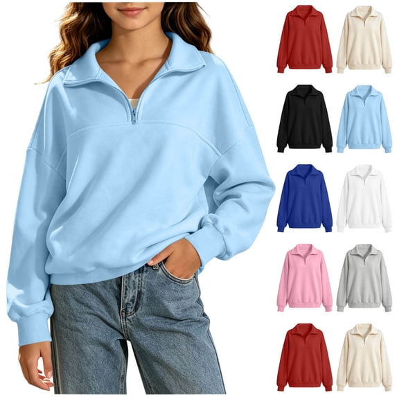 HAOTAGS Girls Sweatshirt (5-16) Loose Fit Half Zip Collar Long Sleeve Pullover Beige Size 5