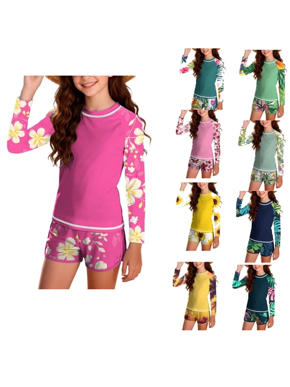 Girls Swimsuit 10-12,Elastic Waist Long Sleeve Sun Protection Rash Guard Two Piece Bathing Suit Pink