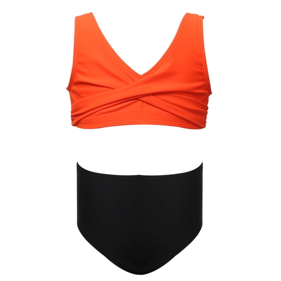 HAOTAGS Girls Swimsuit 2-Piece, Solid High Waist Quick Dry Bikinis Set Kids Beach Sport Bathing Swimwear OrangeSize 14