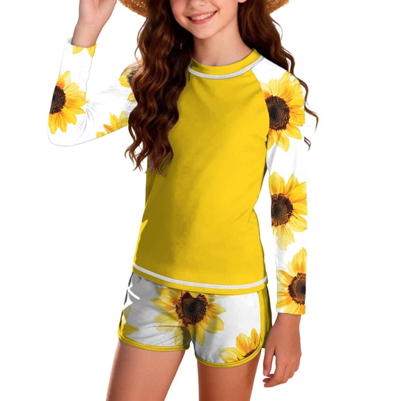 HAOTAGS Girls Swimsuit Set,Elastic Waist Long Sleeve Sun Protection Rash Guard Two Piece Bathing Suit Yellow 12