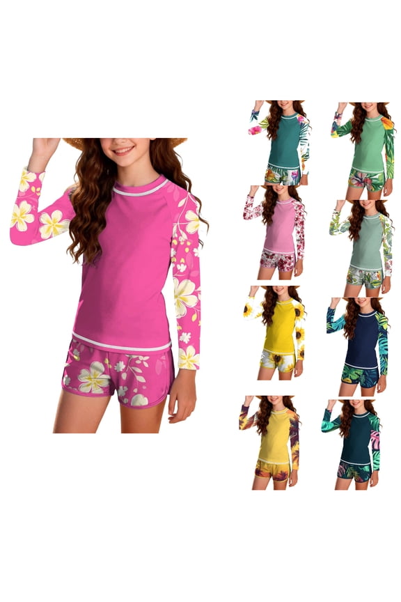 Girls Swimsuit Set,Elastic Waist Sun Protection Long Sleeve Rash Guard Two Piece Bathing Suit Pink 16