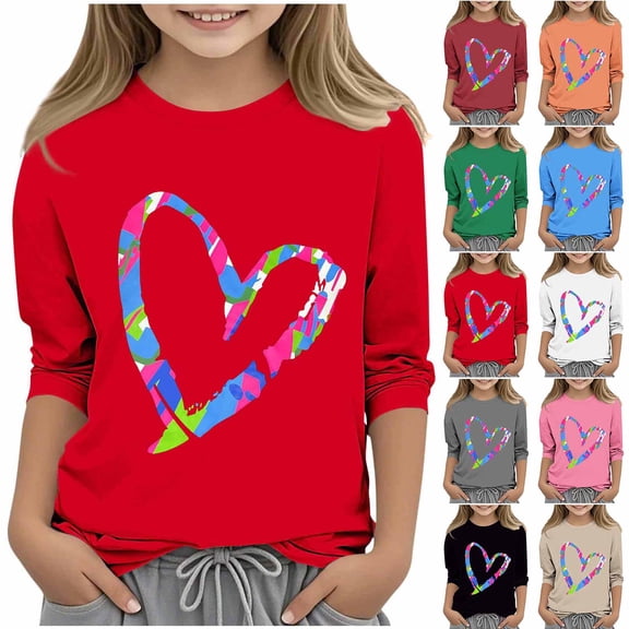 HAOTAGS Girls T-Shirts, Round Neck Pullover 3/4 Sleeve Graphic Tees Black 5-6Years