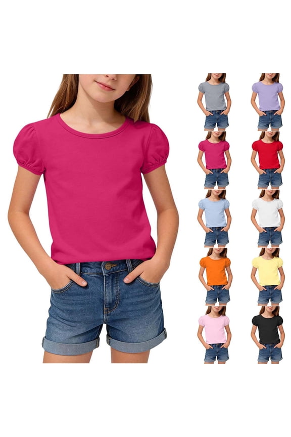 Girls T - Shirts Solid Color Round Neck Bubble Sleeve Summer Tees Red Size 4T