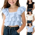 thumbnail image 1 of HAOTAGS Girls T-shirts Spring Summer Solid Color Fly Sleeves Ruffled Tees White Size 8-9Years, 1 of 5