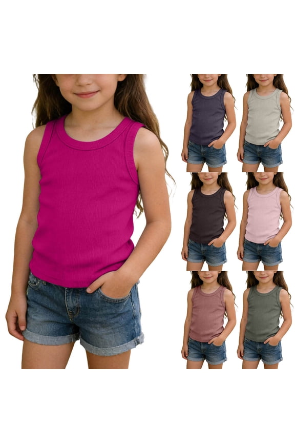 Girls Tank Tops,Solid Ribbed Cotton Cute Comfy Summer Cami Undershirt Layering Tee for School & Play Pink Size 90