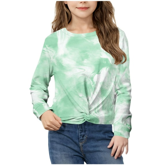 HAOTAGS Girls Tie Dye Print Tops 2025 Fashion Round Neck Long Sleeve Shirts Green Size 11 Years