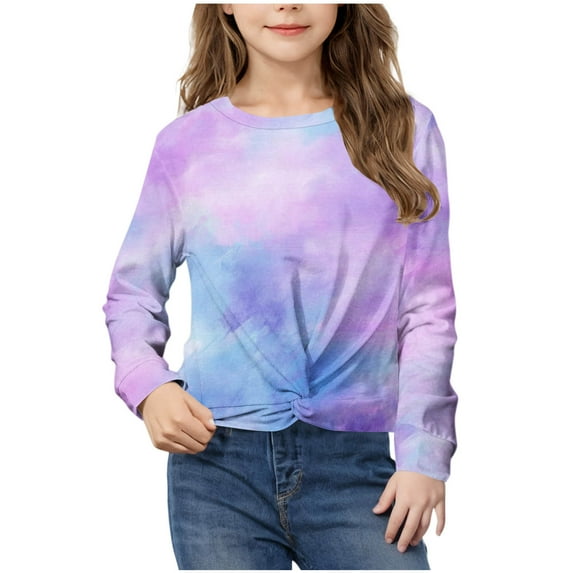 HAOTAGS Girls Tie Dye Print Tops 2025 Fashion Round Neck Long Sleeve Shirts Purple Size 9 Years