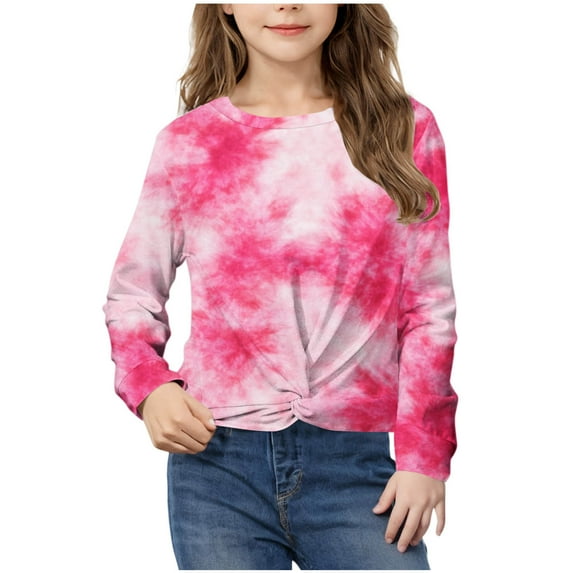 HAOTAGS Girls Tie Dye Print Tops 2025 Fashion Round Neck Long Sleeve Shirts Red Size 3 Years