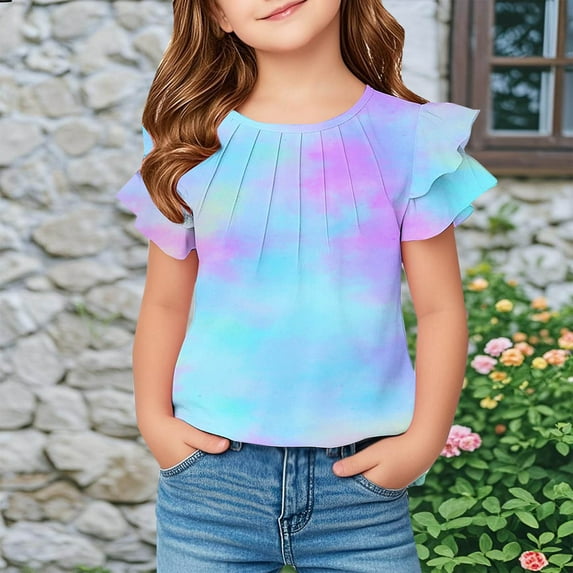 HAOTAGS Girls Tops with Cute Ruffle Sleeve(5-13) Round Neck Tie-dye Print T-shirts Blue Size 7 Years