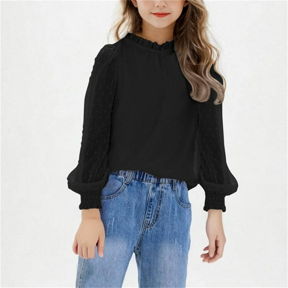 HAOTAGS Girls Tunic Tops Ruffle Long Sleeve Round Neck Solid Color Dressy Blouses Shirts Black Size 12 Years