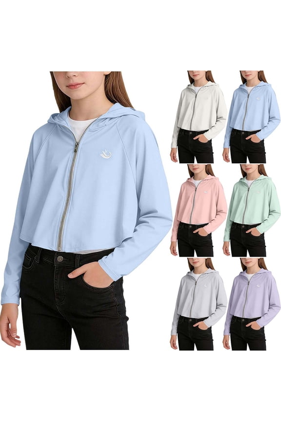 Girls UPF50+ Sun Protection Jacket(1-15) Casual Summer Outdoor Lightweight Quick Dry Zip Up Hooded Cooling Shirt Blue Size 3-4 Years