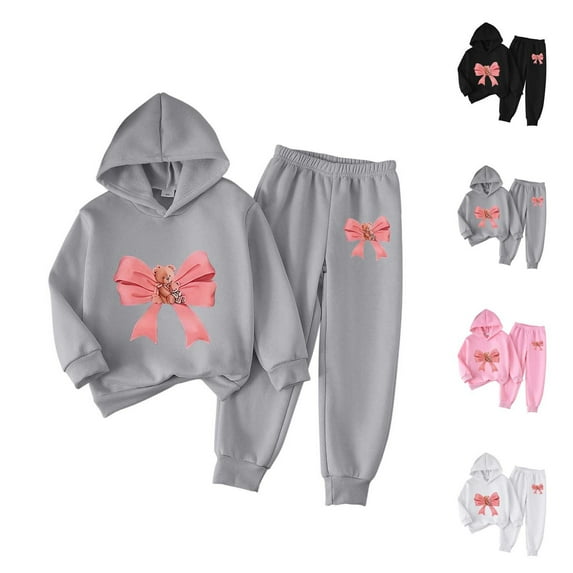 HAOTAGS Girls Valentine's Day Outfit Sets, Casual Long - sleeved Elastic Waist Hooded Top With Pants Suit Gray 5-6 Years