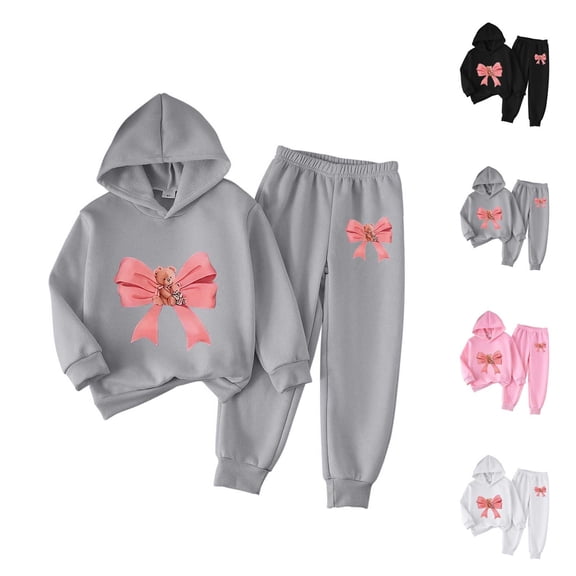 HAOTAGS Girls Valentine's Day Outfit Sets, Casual Long - sleeved Elastic Waist Hooded Top With Pants Suit Gray 5-6 Years