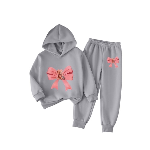 HAOTAGS Girls Valentine's Day Outfit Sets, Long - sleeved Elastic Waist Casual Hooded Top With Pants Suit Gray 6-7 Years