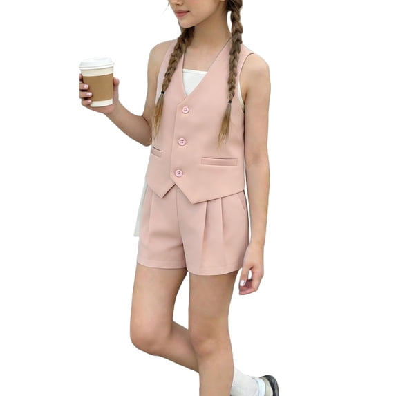 HAOTAGS Girls Vest Shorts Sets,Single Button Suit Playwear Summer Tailored Casual Outfit Sets Pink 9-10T