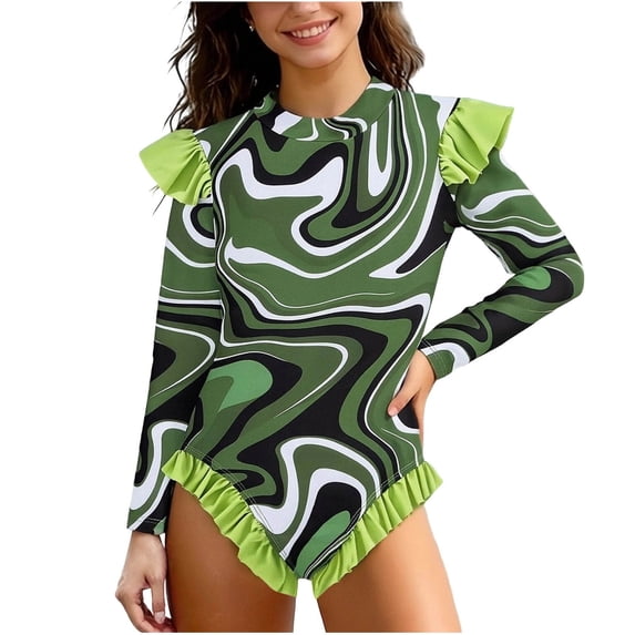 HAOTAGS Girls Wave Print Swimsuit,Long Sleeve One-Piece Swimsuit Training Swimsuit Youth Swimwear Army Green 6-8