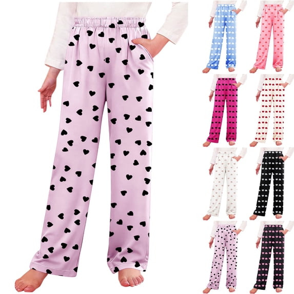 HAOTAGS Girls Wide Leg Pants Size 8, Elastic Waist Heart Prints Loose Soft Loungewear Kids Home Sleeping Pants (5-16T)