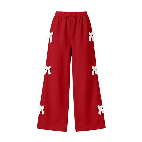 HAOTAGS Girls Wide Leg Sweatpants, Lace Trim Bow Casual Pants with Pockets