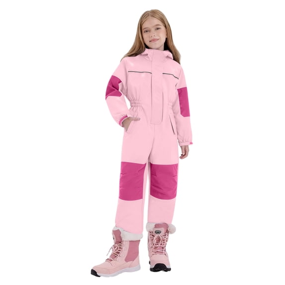 HAOTAGS Girls Winter Ski Suit Set, Windproof Thickened Hooded Snowsuit Warm Double Board Skiing Equipment Pink 8-9Years