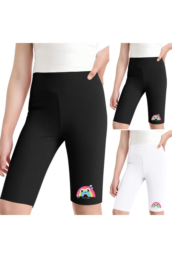 Girls Yoga Shorts (4-13), High-Waist Printed Summer Workout Dance Leggings White 12-13 Years