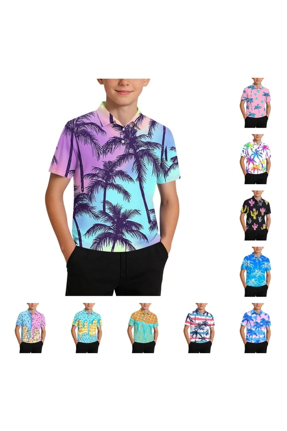 Graphic Polo Shirts Boys,Summer Hawaii Print Pullover Casual Bench Shirts Purple 11-12 T
