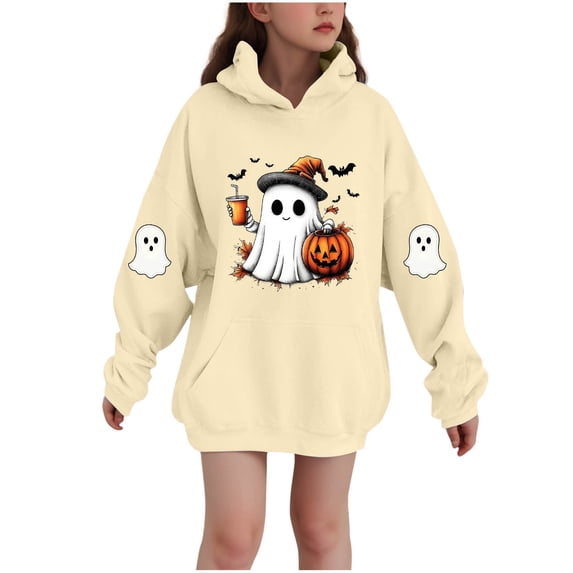 HAOTAGS Halloween Hooded Hoodies Girls, Printed Long Sleeve Round Neck Pullover Sweatshirts Beige Size 10