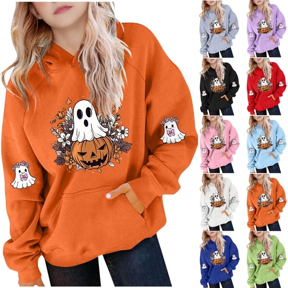 HAOTAGS Halloween Hoodies Teen Girls, Cute printed Long Sleeve Sweatshirts Pullover Loose Preppy Clothes with Pocket Red Size 12