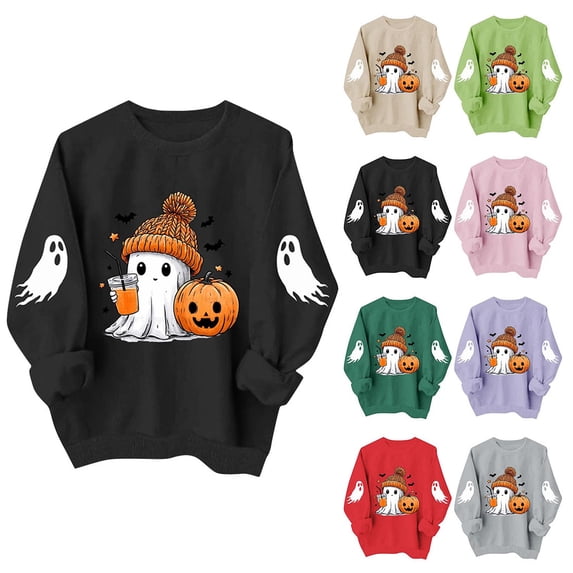 HAOTAGS Halloween Shirt for Women Graphic Print Sweatshirts Fall Long Sleeve Crewneck Pullover Tops Black Size L