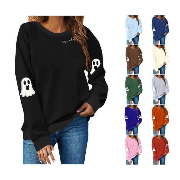 HAOTAGS Halloween Shirt for Women Graphic Print Sweatshirts Fall Long Sleeve Crewneck Pullover Tops Navy Size L