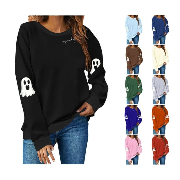 HAOTAGS Halloween Shirt for Women Graphic Print Sweatshirts Fall Long Sleeve Crewneck Pullover Tops Army Green Size XL