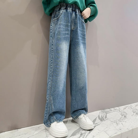 HAOTAGS High Rise Denim Pans Childs Comforable Wide Leg Trousers Straight with Pockets Girls Streetwear Blue 12 Years