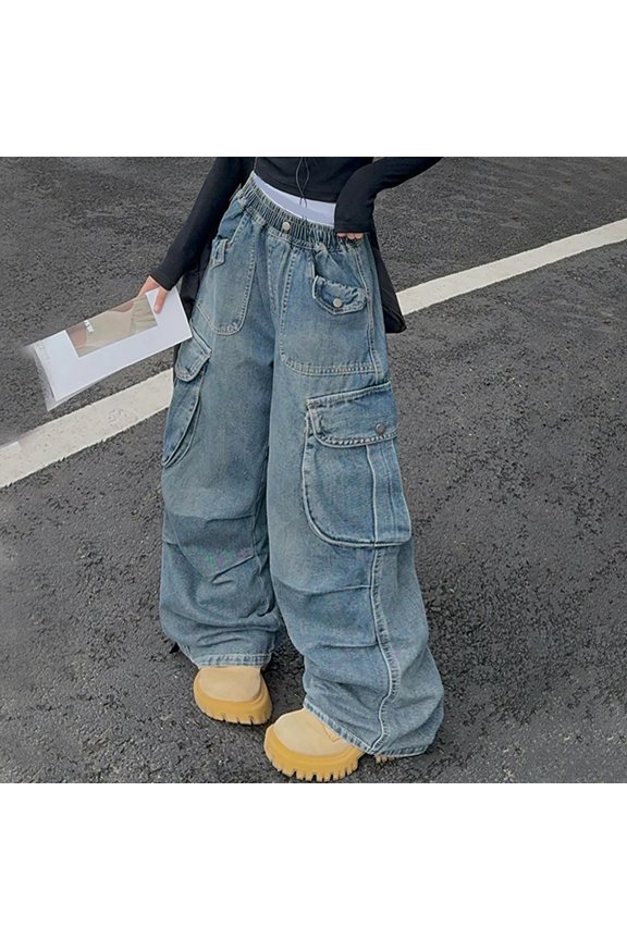 Girls Jeans, Slouchy Wide Leg Demin Pants with Pockets Girl Clothes Blue 10 Years
