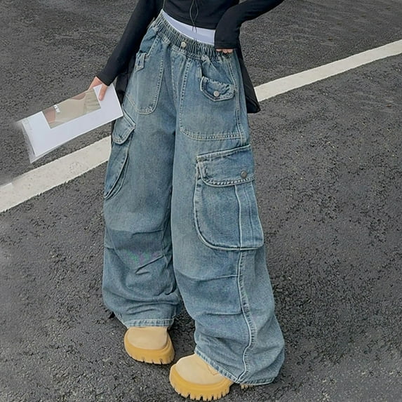 HAOTAGS Girls Jeans, Slouchy Wide Leg Demin Pants with Pockets Girl Clothes Blue 9 Years