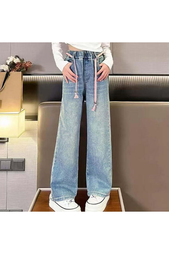 High Rise Jeans Juniors Casual Wide Leg Trousers Ripped Distressed with Pockets Girls Clothes Blue 15 Years