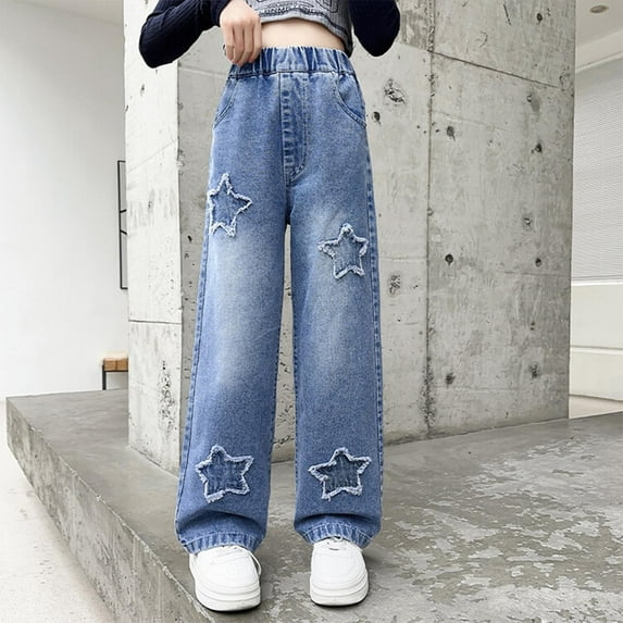 HAOTAGS High Rise Long Jeans Children's Loose Wide Leg Cargo Trousers Bootcut Pocket Girls Hop Streetwear Blue 9 Years