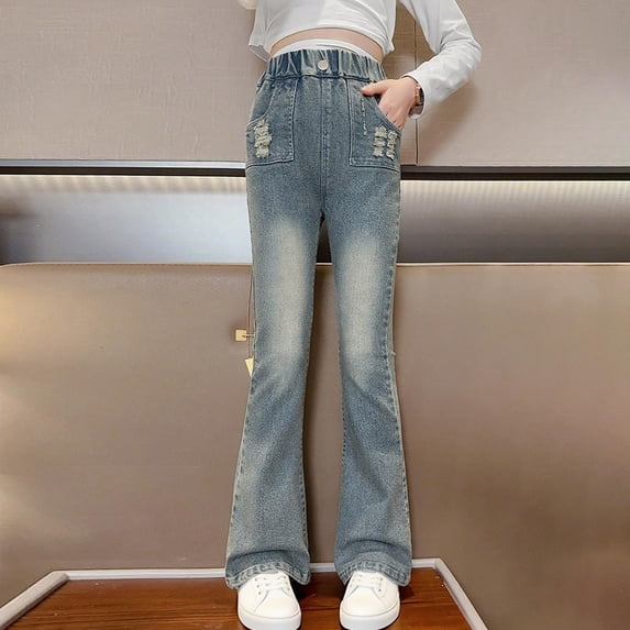 HAOTAGS Baggy Jeans for Girls, Flared Leg Cargo Demin Pants Stretch Pocket Light Blue 5 Years
