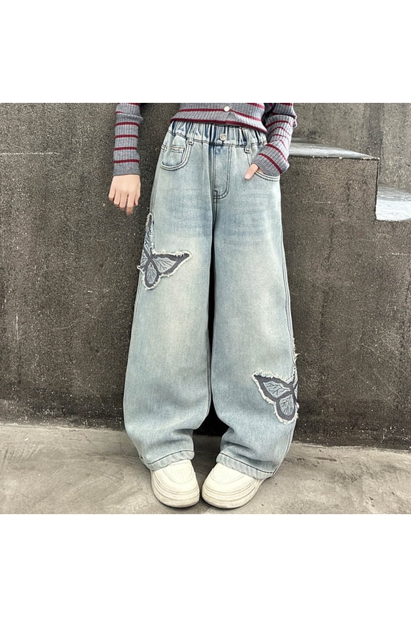 Girls Jeans, Slouchy Wide Leg Demin Pants Straight with Pockets Blue 7 Years