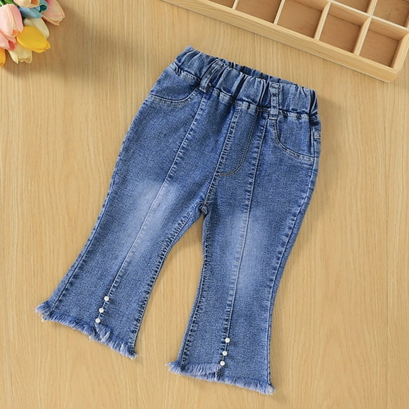 HAOTAGS High Rise Pants Girls Comfy Flared Leg Cargo Demin Pants Bootcut Pocket Blue 1-2 Years