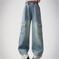 thumbnail image 1 of HAOTAGS High Rise Pants Childs Lightweight Wide Leg Demin Pants Straight with Pockets Navy 15 Years, 1 of 6