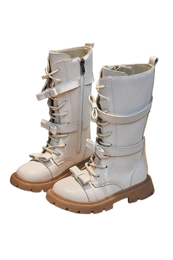 High-Top Boots for Girls, Knee High Rhinestones Zipper Low Heel Princess Long Boots Beige 1 Big Kids