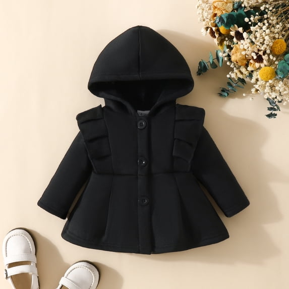 HAOTAGS Hooded Coats For Toddler Girls, Intensification Long Sleeve Solid Casual Fall/Winter warm outerwear Black 12 M