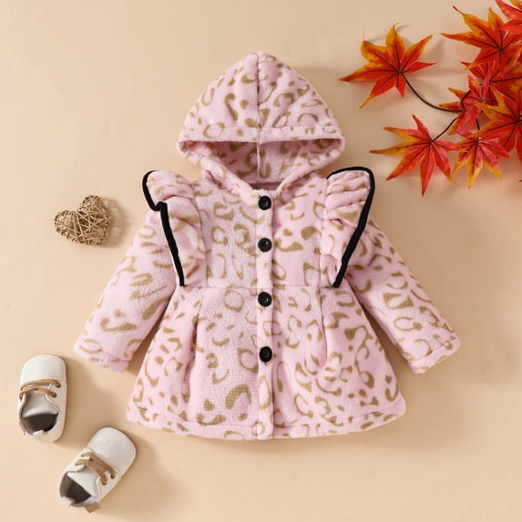 HAOTAGS Hooded Coats For Toddler Girls, Long Sleeve Intensification Casual Fall/Winter warm outerwear Graphic Print Pink 12 M
