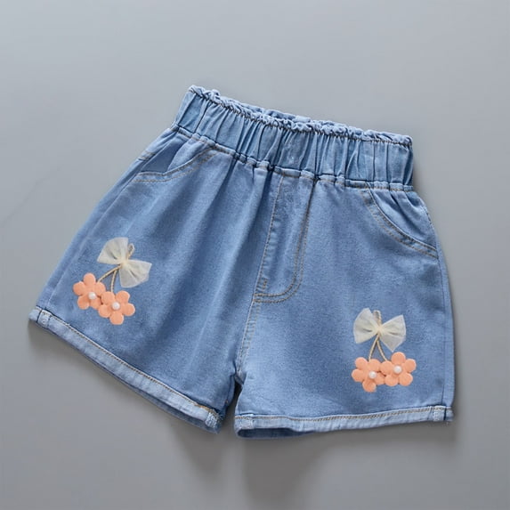 HAOTAGS Jeans Shorts for Girls, Sports Casual Lightweight Print Denim Shorts for Kids Blue 10-11 T